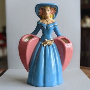 Vintage 1940s Vase, Lady in Blue Dress and Hat w/ Pink Heart White Flower Detail